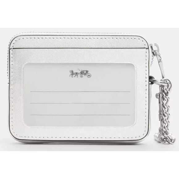 Coach CW890 ID Zip Card Case Pearlized Silver Leather With Chain New - Picture 2 of 5